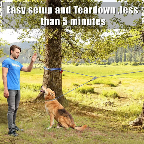 Backyard Dog Zipline Kit With 100 Ft Run Line And Trolley in use, showing dog on leash between trees in a yard.