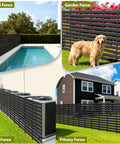 Customizable Outdoor Privacy Fence Screen Panels For Air Conditioners, Trash Cans, And Pool Equipment Enclosures in black, shown as pool, garden, AC, and privacy fence setups.