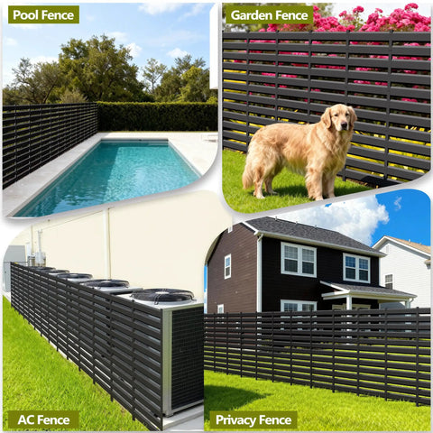 Customizable Outdoor Privacy Fence Screen Panels For Air Conditioners, Trash Cans, And Pool Equipment Enclosures in black, shown as pool, garden, AC, and privacy fence setups.