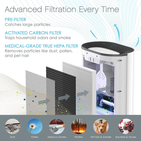 Genuine 3-In-1 True HEPA Replacement Filter for PureZone Air Purifier cutaway showing pre-filter, activated carbon, and HEPA layers