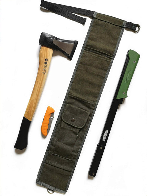 Axe and Saw Sling Bag for Boreal21 Folding Bow Saw Canvas Buck Saw Sheath, showing canvas sheath, axe, saw, and knife