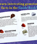 Open guidebook page showing gemstone facts for Arrowheads, Goldstone, Howlite, and Jasper from Gem Stone Dig Kit With 16 Real Gems And Crystals Including Quartz Point And Amethyst STEM Education For Kids Fun Rock Mining Science Activity Gift Set For Girls And Boys.