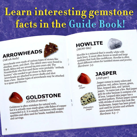 Open guidebook page showing gemstone facts for Arrowheads, Goldstone, Howlite, and Jasper from Gem Stone Dig Kit With 16 Real Gems And Crystals Including Quartz Point And Amethyst STEM Education For Kids Fun Rock Mining Science Activity Gift Set For Girls And Boys.