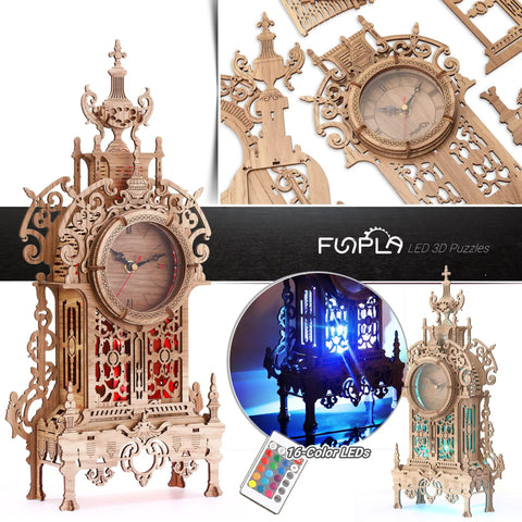 DIY 3D Wood Puzzle LED Tower Clock Kit For Desktop Building Blocks Steampunk Style Architectural Clock Model With 58 Pre Cut Pieces