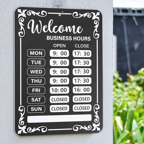 Two Pack Changeable Business Hours Signs For Doors And Windows With Six Time Stickers In Durable Black PVC Measuring 13.78 By 9.45 Inches