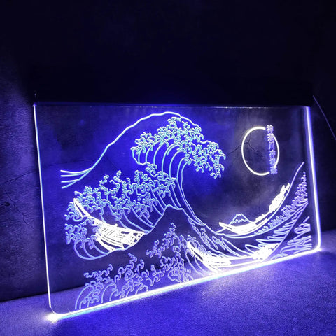 Great Wave Off Kanagawa LED Neon Sign Wall Art Dope Ukiyoe Vibe For Modern Rooms 16x24 Inches Blue And White Neon Light
