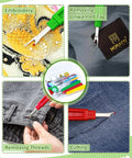 All-In-One Sewing Seam Ripper Kit With 2 Large And 2 Small Rippers, Stitch Remover Tools, needle threader and scissors on fabric