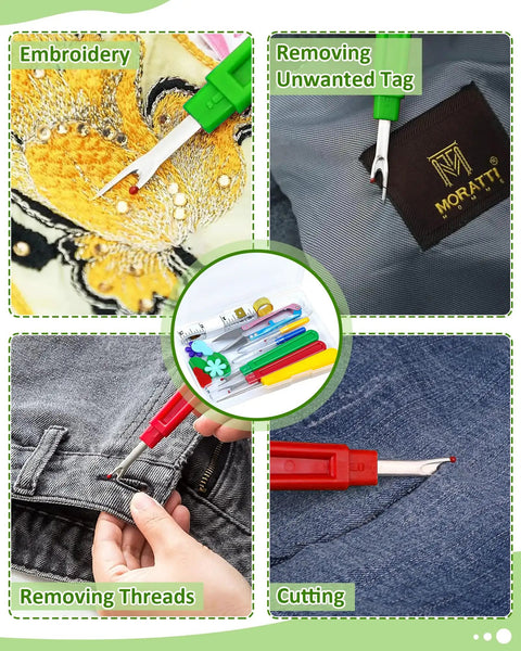 All-In-One Sewing Seam Ripper Kit With 2 Large And 2 Small Rippers, Stitch Remover Tools, needle threader and scissors on fabric