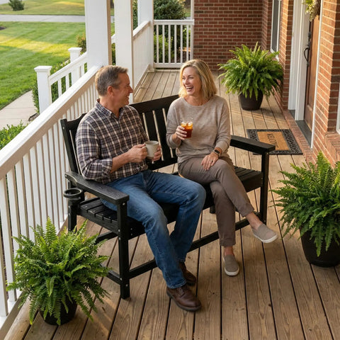 Tough As Nails Two Seater Outdoor Bench With Cup Holder Crafted From Premium Fade Resistant Hdpe For Patios Yards And Decks Handles Up To 660 Pounds Easy Clean All Weather Hangout Spot In Black with two people enjoying drinks on a porch.