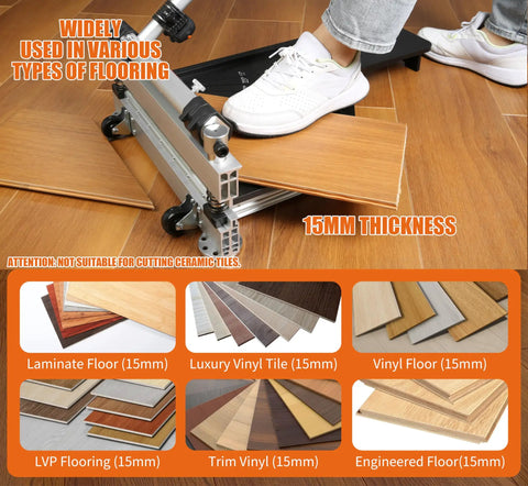Person using 13 Inch Vinyl Floor Cutter With Wheels For Easy Angle And Length Cutting, Pro Grade Flooring Tool That Cuts Vinyl, Engineered Wood, LVP.
