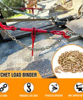 Heavy Duty Chain Binders And Tie Down Chains 3/8 To 1/2 Inch 10 Foot Length With G70 Hooks Ratchet Load Binders 9,215 Lb Working Strength Towing Chain For Flatbed Trailer And Truck used to secure cargo on a flatbed trailer