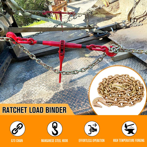 Heavy Duty Chain Binders And Tie Down Chains 3/8 To 1/2 Inch 10 Foot Length With G70 Hooks Ratchet Load Binders 9,215 Lb Working Strength Towing Chain For Flatbed Trailer And Truck used to secure cargo on a flatbed trailer