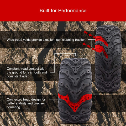 Mud Force ATV Tire Set 25x8-12 Front And 25x10-12 Rear, 6-Ply Heavy-Duty Bias Ply Off-Road Quad Tires highlighting tread features