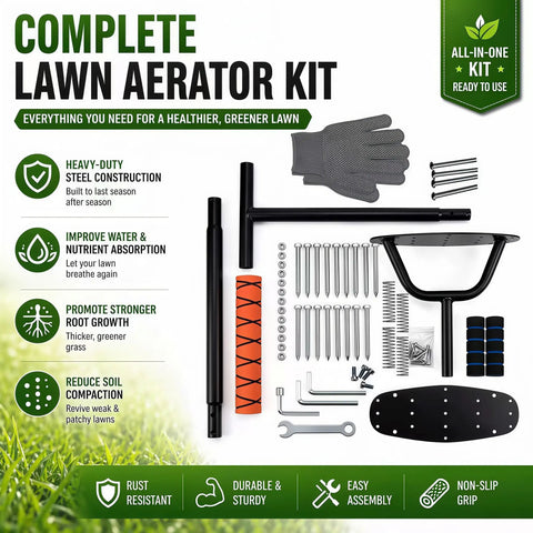 Components of Manual Lawn Aerator With 17 Spikes, Heavy Duty Soil Loosener And Double Layer Spring, T Handle Garden Aerator, Gloves