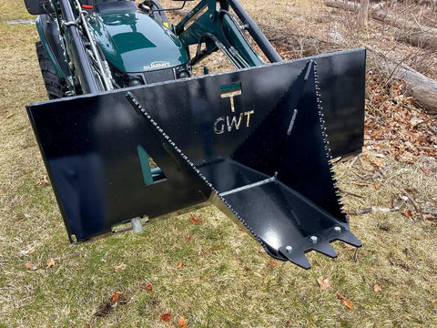 Beefy Mini Wrecker Stump Bucket for Small Tractors showing heavy-duty design on compact tractor attachment for leverage