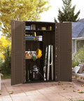All Weather Outdoor Storage Cabinet For Backyards And Patios with tools and garden accessories, open doors showing storage space