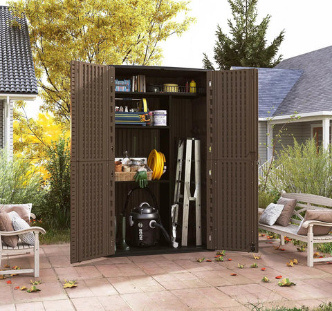 All Weather Outdoor Storage Cabinet For Backyards And Patios with tools and garden accessories, open doors showing storage space