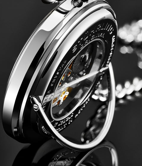 Close-up of Men's Skeleton Pocket Watch With Hand Wind Mechanical Movement Stainless Steel Case And 12 Inch Chain