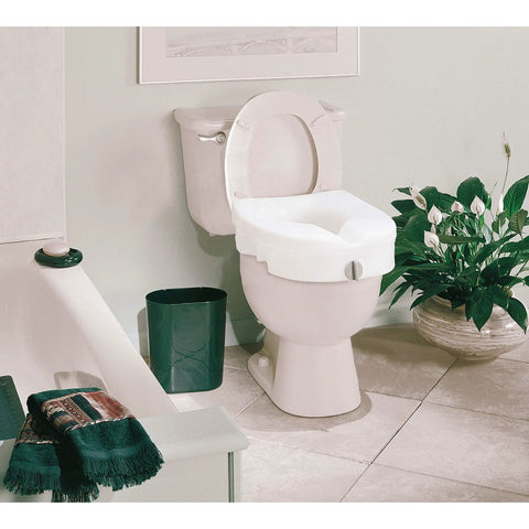 Heavy Duty Raised Toilet Seat With Handrails For Seniors And Handicap Assist Elongated Riser Adds Five Inches on white toilet.