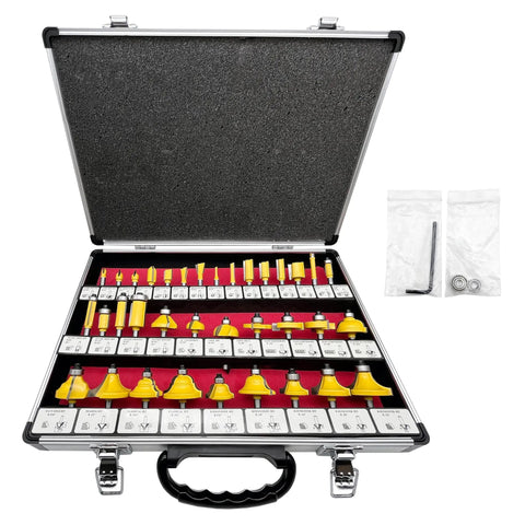 Carbide Tipped Router Bit Set 35 Piece Kit With One Quarter Inch Shank For Woodworking, organized in an aluminum case.