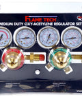 Medium-Duty Oxy-Fuel Regulator Set With Forged Brass Construction, showing gauges and easy-turn brass adjustments