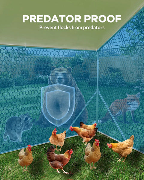 Walk In Chicken Coop For Hens With Waterproof UV Resistant Cover And Reinforcing Ribs, shown with predator proof mesh shield.