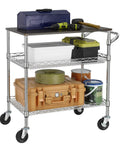 Heavy Duty 3 Tier Utility Cart With Wood Top, Steel Service Cart On Wheels, NSF Listed Food Service Trolley, 500 Lb Capacity