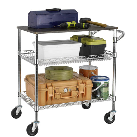 Heavy Duty 3 Tier Utility Cart With Wood Top, Steel Service Cart On Wheels, NSF Listed Food Service Trolley, 500 Lb Capacity