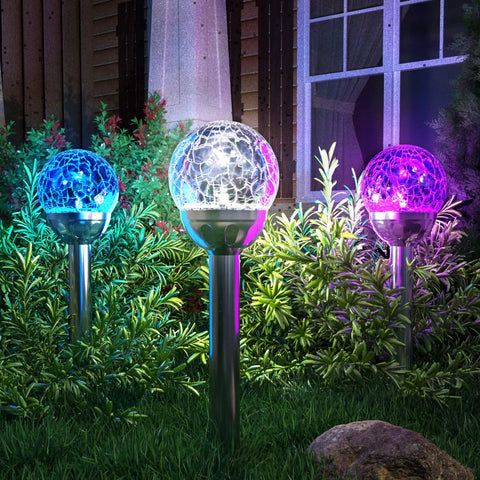 Solar Outdoor Cracked Glass Ball Lights Color Changing Garden LEDs for Path Patio Yard 3 Pack Pathway Lights glowing