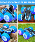 High Speed 2.4GHz Remote Control Stunt Car Beast Mode with rotating wheels and LED headlights on grass and rocks