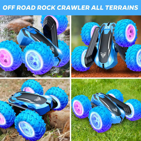 High Speed 2.4GHz Remote Control Stunt Car Beast Mode with rotating wheels and LED headlights on grass and rocks