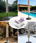 Premium 6 To 9 Foot Patio Umbrella Cover With Waterproof Oxford Fabric Zipper And Rod Durable Double Stitched Edges All Weather Protection for Market Umbrellas in various outdoor settings, showing all-weather protection capability.