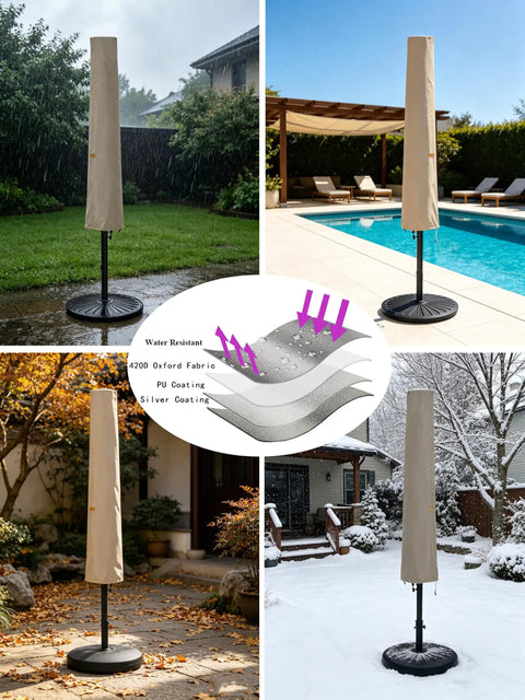 Premium 6 To 9 Foot Patio Umbrella Cover With Waterproof Oxford Fabric Zipper And Rod Durable Double Stitched Edges All Weather Protection for Market Umbrellas in various outdoor settings, showing all-weather protection capability.