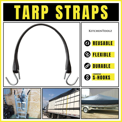 41 Inch 50 Pack Rubber Bungee Cords With Metal Hooks displayed with tarp straps for flatbed trucks and heavy duty tie down