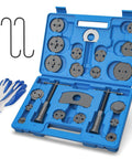 Blue kit of Must Have Universal Disc Brake Caliper Wind Back Tool And Piston Compression Set 26 Piece with adapters and gloves