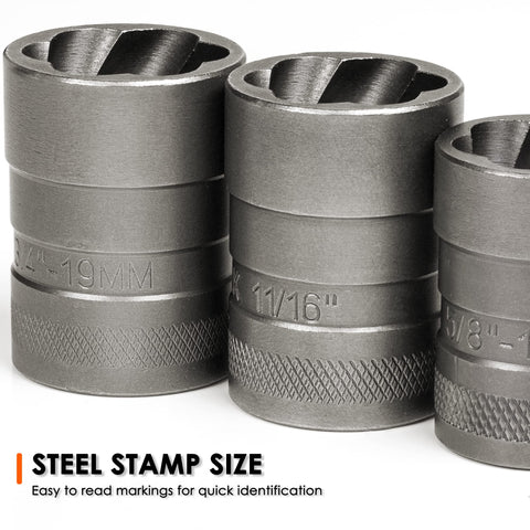 Bolt Extractor Kit For Damaged Fasteners, 32 Piece Nut And Bolt Remover Set showing various drive sizes with steel markings