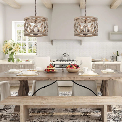 Dope Farmhouse Wood Pendant Chandelier For Dining Room And Kitchen Island Rustic Whitewashed Finish With Dark Mottled Details
