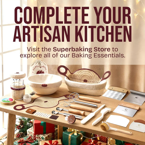 Complete bread baking kit on a table with All In One Sourdough Starter Kit With 9 Inch Splinter Free Banneton Basket Nonstick