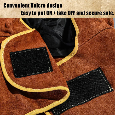 Brown leather welding hood with neck drape, showing Velcro on/off detail, heavy duty cowhide, Kevlar stitching.