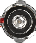 Top view of Safety Release Radiator Cap 31535 For Vehicles, metal cap with rubber seal and red release lever for quick pressure relief.