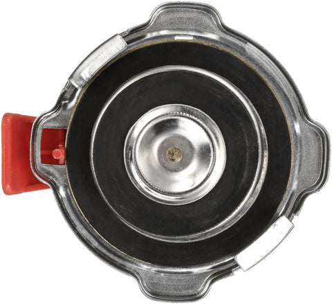 Top view of Safety Release Radiator Cap 31535 For Vehicles, metal cap with rubber seal and red release lever for quick pressure relief.
