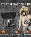 Open waterproof hard case with padded dividers for drones and cameras, next to a photographer resting on grass.
