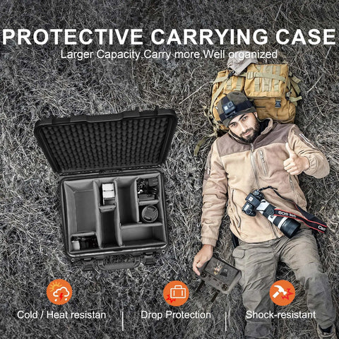 Open waterproof hard case with padded dividers for drones and cameras, next to a photographer resting on grass.