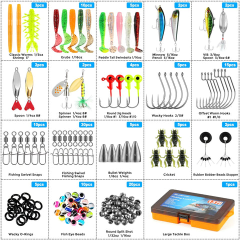 All In One Fishing Lure Kit With 137 Piece Tackle Box Included Crankbaits Spoons Hooks Weights And More Freshwater Bass Gear For Beginners And Pros Gift For Men showing various lures, hooks, and weights.