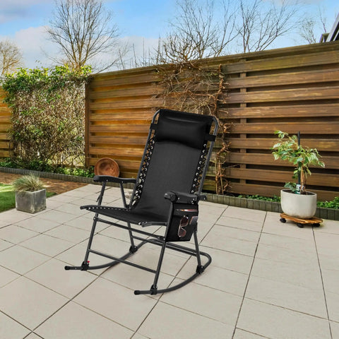26 Inch Zero Gravity Outdoor Rocking Chairs Set Of 2 Foldable Loungers in black on patio with phone holder and pillow