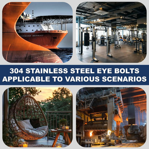 Heavy Duty M6 Stainless Steel Eye Bolts With Nuts And Washers One Quarter Inch Diameter Two Inch Long Lifting Rings Set For Outdoor Tie Down And Hanging Hardware 24 Pack shown in varied uses