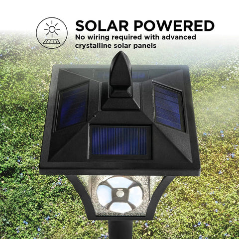 Sun Powered Outdoor Solar Lamp Post Light 65 Inch Tall Black Garden Decor with Warm LED top view showing solar panels