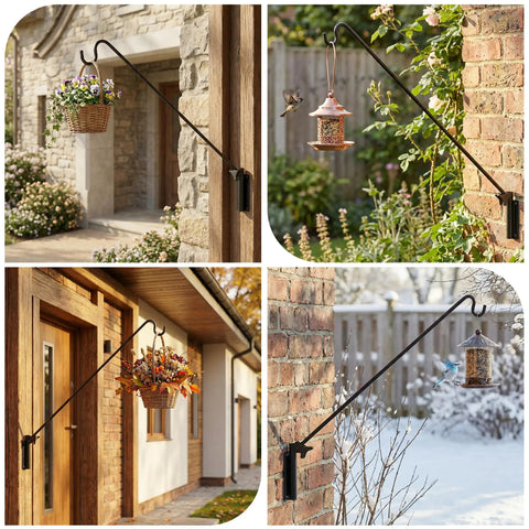 Rock Solid Adjustable Deck Hook Wall Pole Extending Twenty Eight To Forty Three Inches For Backyard Display Of Bird Feeders Plants Wind Chimes Lanterns Built Tough Rust Resistant Steel Bracket with hanging baskets and bird feeder