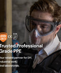 Person wearing All Day Comfort Full Face Safety Goggles with Detachable Lower Shield and Anti Fog Lens, Z87.1 Impact Protection.