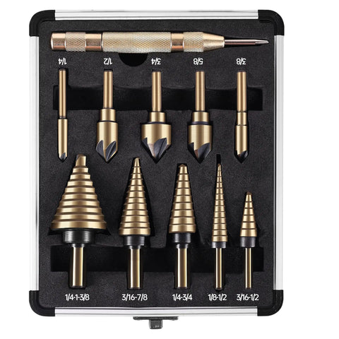 Heavy Duty Step Drill Bit Set With Countersink Bits Titanium Coated HSS 50 Hole Sizes Aluminum Case DIY Metalworking Kit